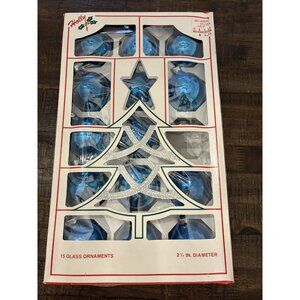 Vintage HOLLY Blue Glass Ornaments 15 Total